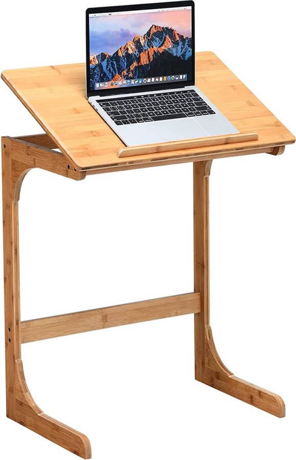 Bijzettafel laptoptafel C-vormig verstelbare koffietafel computertafel bamboe statafel met metalen frame salontafel in hoogte verstelbaar woonkamertafel nachtkastje voor bed (natuur)