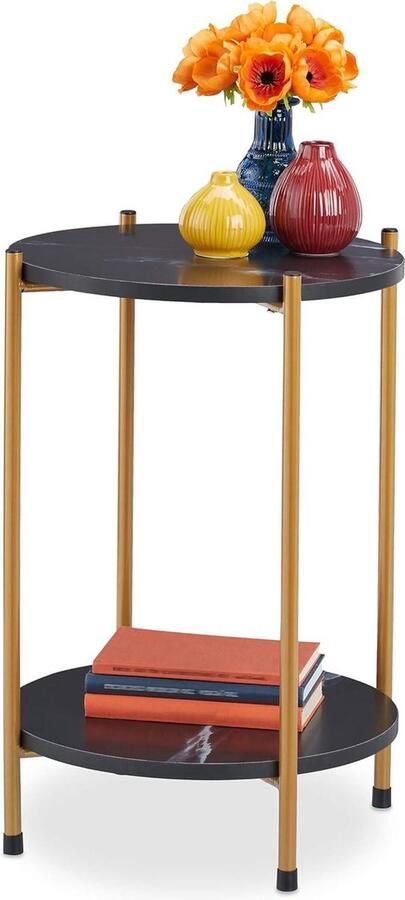 Bijzettafel marmerlook zwart goud 2 planken ronde banktafel 555 x 40 cm