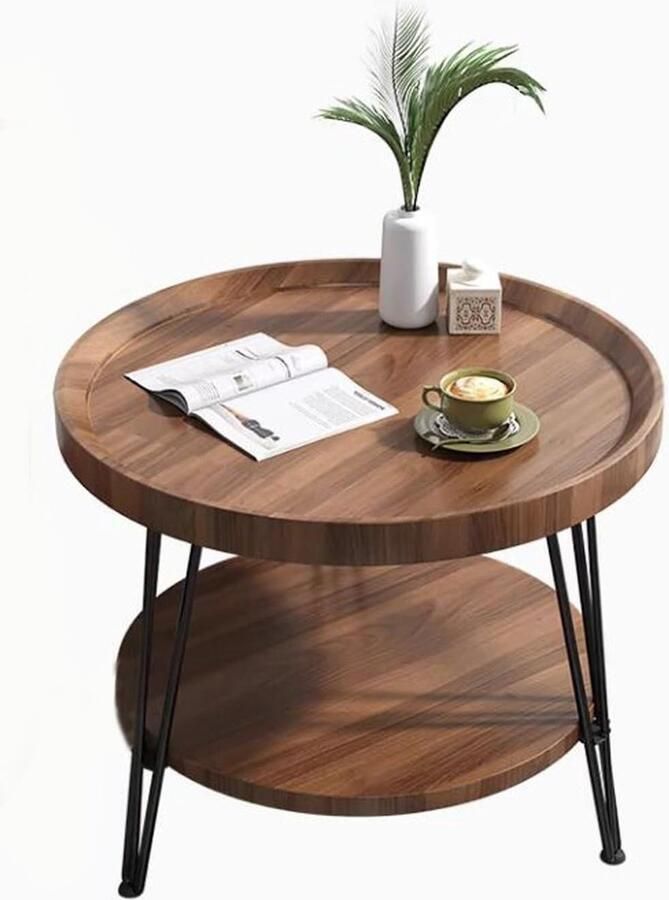 Bijzettafel met 2 etages hout salontafel woonkamertafel 50 cm Ø hoogte 60 cm werkkamer