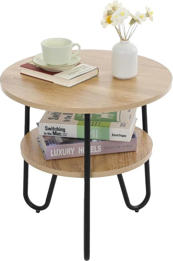 Bijzettafel Sofatafel Ronde Houten Woonkamertafel met 2 Etages Metaal en Hout 50 cm