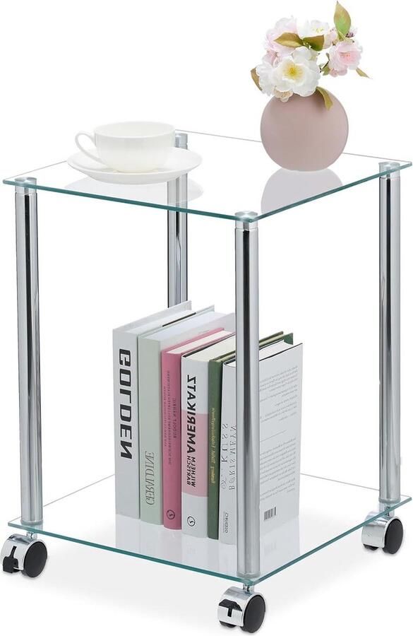 Bijzettafel met 2 etages op wielen vierkant glas & staal woonkamer verrijdbare salontafel transparent zilver Bijzettafel