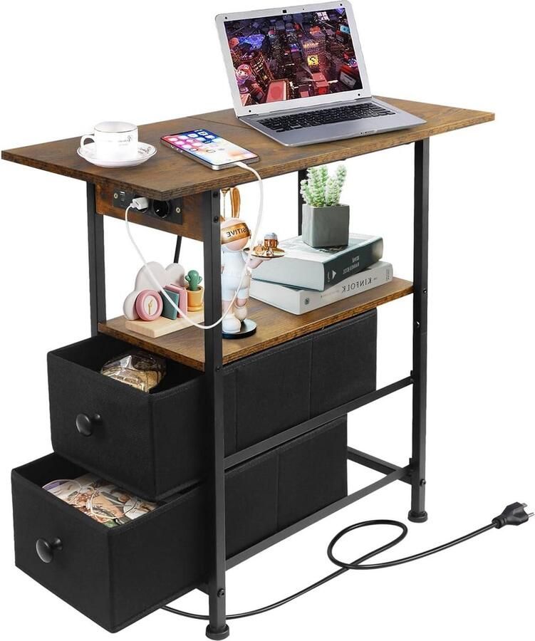 Bijzettafel met 2 laden smal nachtkastje sofatafel kleine houten salontafel voor woonkamer slaapkamer kleine zijtafel bank houten bijzettafel