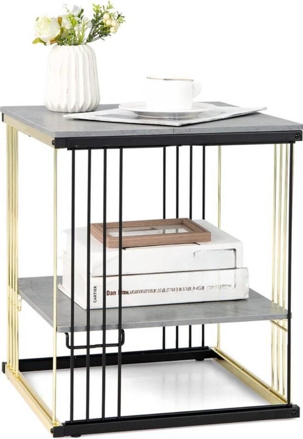 Bijzettafel met 2 niveaus marmerlook nachtkastje met afneembare plank salontafel met metalen frame modern 39 x 39 x 45 cm