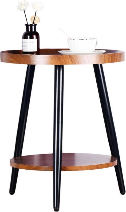 Bijzettafel met 2 planken ronde salontafel met opbergruimte 2-laags walnootkleurige MDF-banktafel met ronde planken nachtkastje houten tafel met stalen frame 40 x 48cm (walnoot)