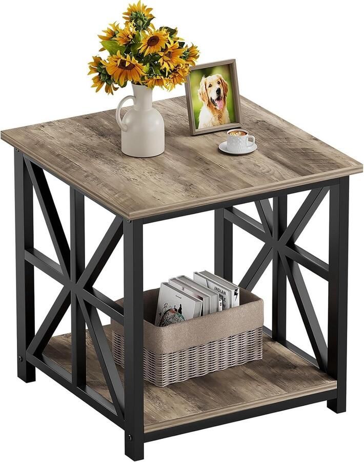 Bijzettafel met 2-traps opbergvak 50 cm vierkante woonkamertafel praktisch nachtkastje in landelijke stijl voor slaapkamer kantoor of als salontafel grijs