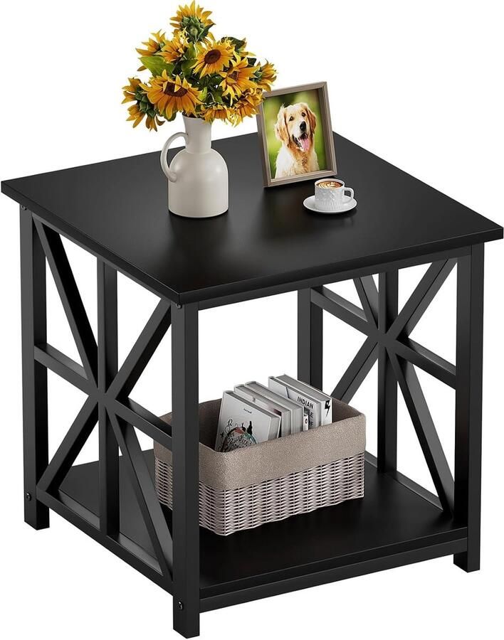 Bijzettafel met 2-traps opbergvak 50 cm vierkante woonkamertafel praktisch nachtkastje in landelijke stijl voor slaapkamer kantoor of als salontafel zwart