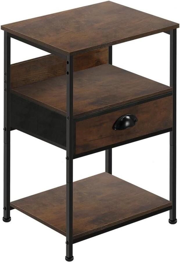 Bijzettafel met 3-laags opslag en laden Industrieel nachtkastje voor slaapkamer en woonkamer (rustiek bruin)