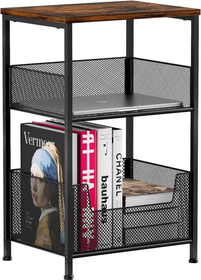 Bijzettafel met 3 niveaus 64 5 cm met opbergrek smalle bijzettafel voor kleine ruimtes nachtkastje voor woonkamer slaapkamer keuken kantoor rustiek bruin en zwart