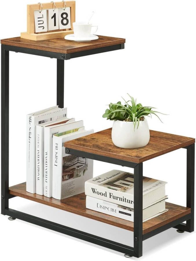 Bijzettafel met 3 niveaus bedbord bankbord van hout metalen frame G-vorm telefoonbord woonkamertafel industrieel ontwerp voor woonkamer slaapkamer kantoor planten 60 x 30 x 63 5 cm