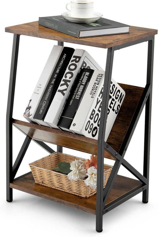 Bijzettafel met 3 niveaus industrieel design houten banktafel nachtkastje voor tijdschriften en nieuwspapers 40 x 30 x 61 cm