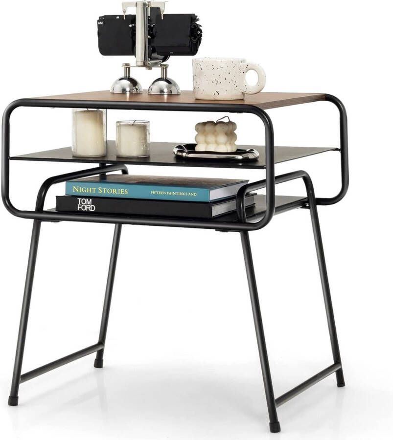 Bijzettafel met 3 niveaus industrieel nachtkastje hout met metalen frame 50 x 40 x 55 cm zwart