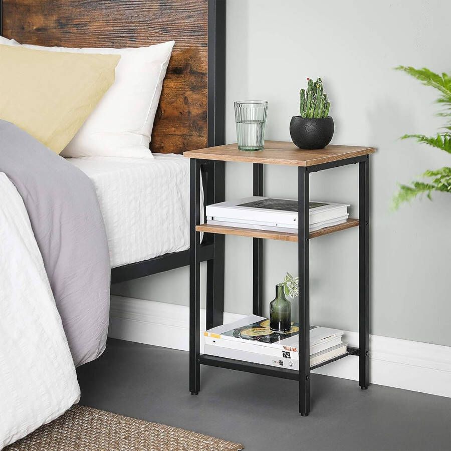 Bijzettafel met 3 niveaus nachtkastje in industriële stijl stevig stalen frame voor slaapkamer woonkamer eenvoudige montage honingbruin en zwart