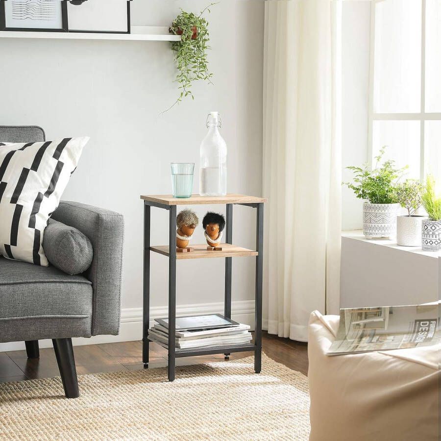 Bijzettafel met 3 niveaus nachtkastje in industriële stijl stevig stalen frame voor slaapkamer woonkamer eenvoudige montage honingbruin en zwart