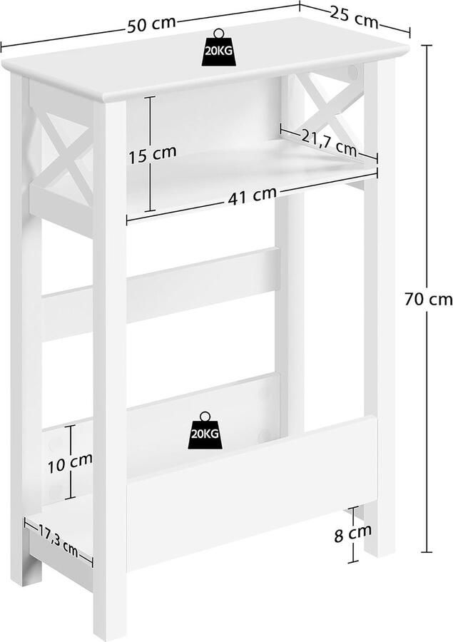 Bijzettafel 3 niveaus nachtkastje met open opbergvak en tijdschriftenplank X-vormige koffietafel voor slaapkamer woonkamer 50 × 25 × 70 cm