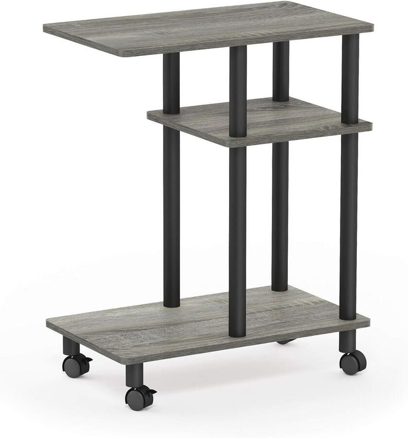 Bijzettafel met 3 Planken en Wieltjes Hout Frans Eiken Grijs Zwart