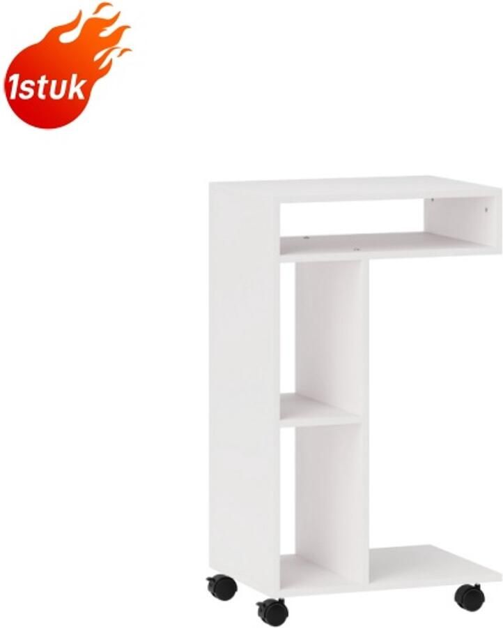 Bijzettafel met 4 planken op wielen bureau salontafel laptoptafel nachtkastje voor eet- en woonkamer wit 1 stuk
