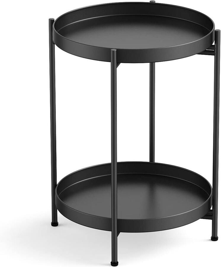JGS Stijlvolle Zwarte Metalen Bijzettafel met Afneembaar Dienblad en Inklapbare Standaard voor Multifunctioneel Gebruik