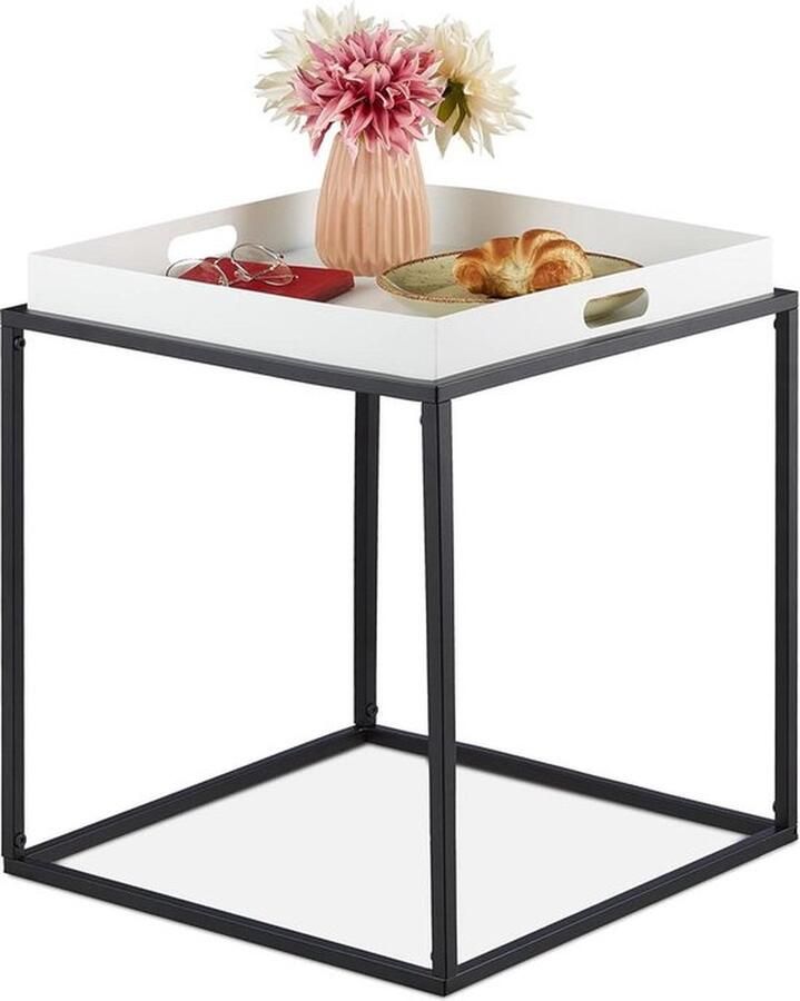 Bijzettafel met dienblad 47x42x42 cm Staal Vierkante salontafel Nachttafel Wit-zwart Moderne stijl