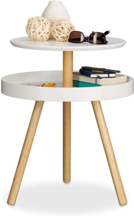 Relaxdays bijzettafel met extra tafelblad rond hout driepoot salontafel 55 x 47 x 47 cm wit
