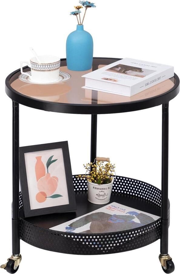 Ronde bijzettafel voor woonkamer slaapkamer metalen en gehard glas salontafel met 2 niveaus snacktafel nachtkastje zwart