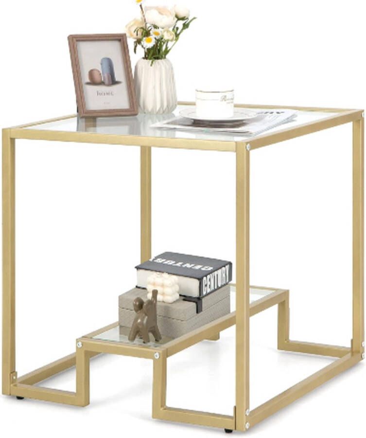 Bijzettafel met glazen tafelblad metalen frame vierkante glazen tafel koffietafel woonkamertafel koffietafel voor woonkamer werkkamer 56 x 56 x 56 5 cm