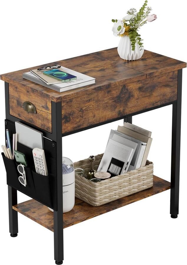 Bijzettafel met inklapbaar tafelblad salontafel smal nachtkastje met plank en stoffen tas voor kleine ruimtes vintage