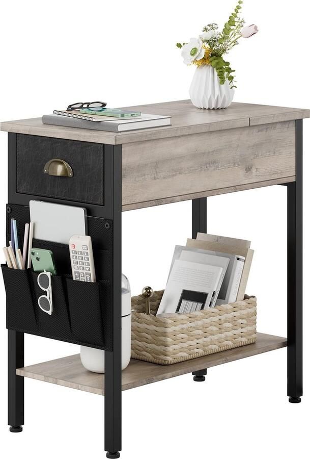 Bijzettafel met inklapbaar tafelblad salontafel smal nachtkastje met plank en stoffen tas voor kleine ruimtes vintage grijs