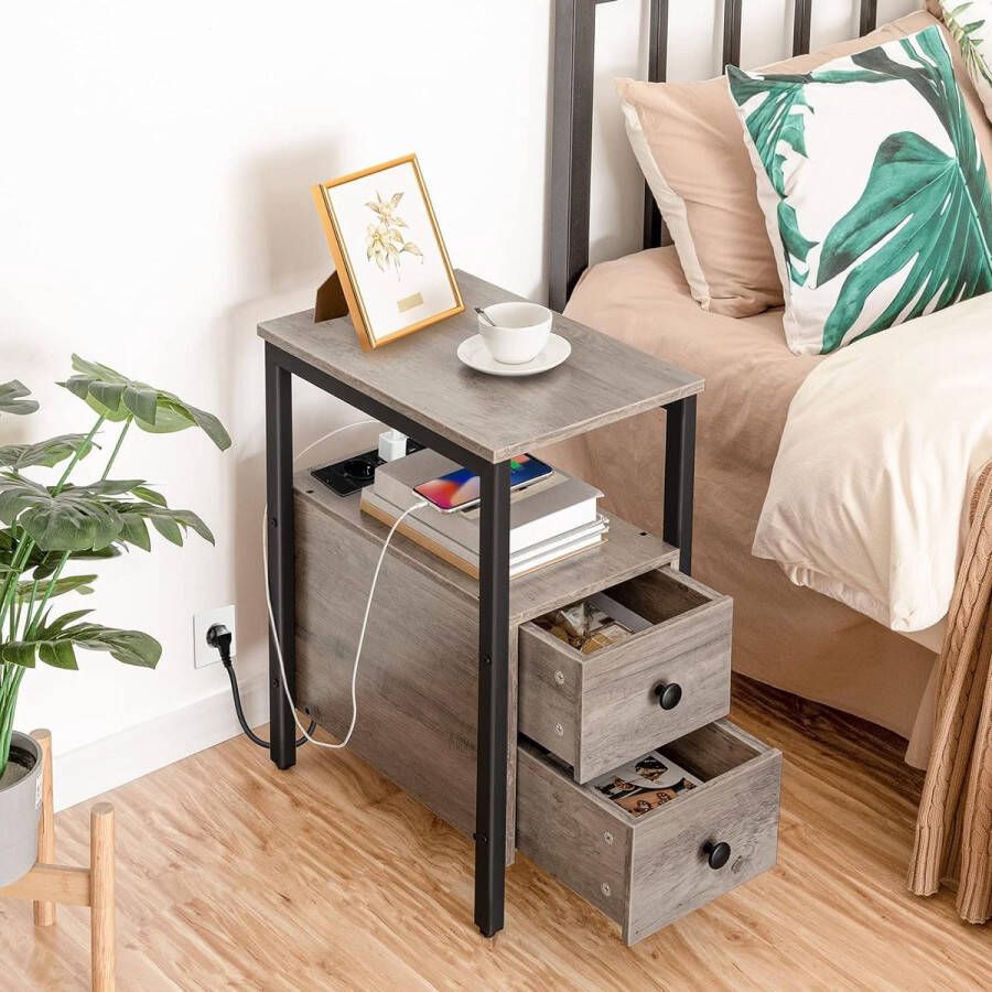 Bijzettafel met laadstation bank-tafel met 2 laden en USB-poort en stopcontact nachtkastje voor kleine ruimtes stabiel en robuust voor woonkamer slaapkamer greige