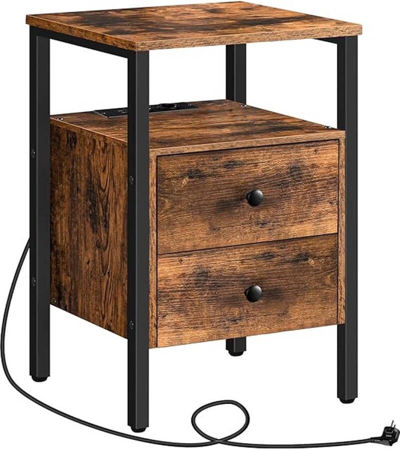 Bijzettafel met laadstation bank-tafel salontafel met 2 laden en USB-poort en stopcontact Luxe nachtkastje voor kleine ruimtes stabiel en robuust voor woonkamer slaapkamer donkerbruin