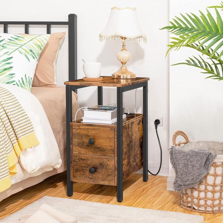 Bijzettafel met Laadstation – Banktafel met 2 Laden USB-Poort en Stopcontact Donkerbruin