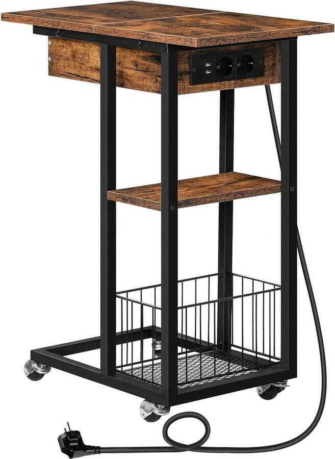 Bijzettafel met laadstation flip C-vorm banktafel salontafel met wielen en legplank nachtkastje voor woonkamer slaapkamer donkerbruin EBF022SF01 met USB oplaadstation