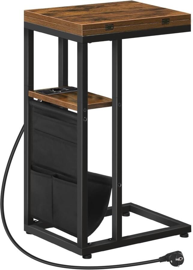 Bijzettafel met laadstation C-vormige salontafel met opbergtas inklapbare salontafel voor woonkamer slaapkamer kleine ruimtes vintage bruin en zwart