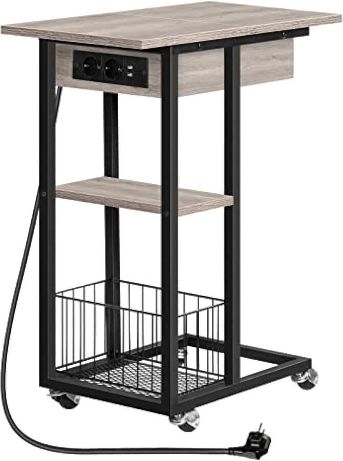 Bijzettafel met laadstation flip C-vorm banktafel salontafel met wielen en legplank nachtkastje voor woonkamer slaapkamer greige-zwart EBG022SF01G1