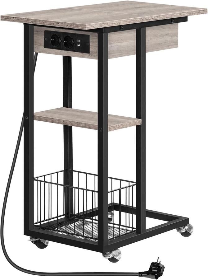 Retadou Bijzettafel met laadstation flip C-vorm banktafel salontafel met wielen en legplank nachtkastje voor woonkamer slaapkamer greige en zwart