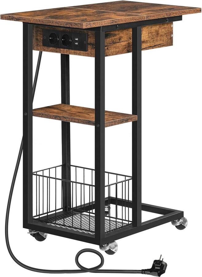 Bijzettafel met Laadstation Flip C-Vormige Salontafel met Wielen en Opbergruimte voor Woonkamer en Slaapkamer