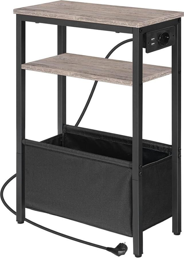 Bijzettafel met laadstation – EBG125CBZ01 – Nachtkastje met opbergruimte stopcontact en USB-poorten – Verweerd grijs zwart – Voor slaapkamer of woonkamer