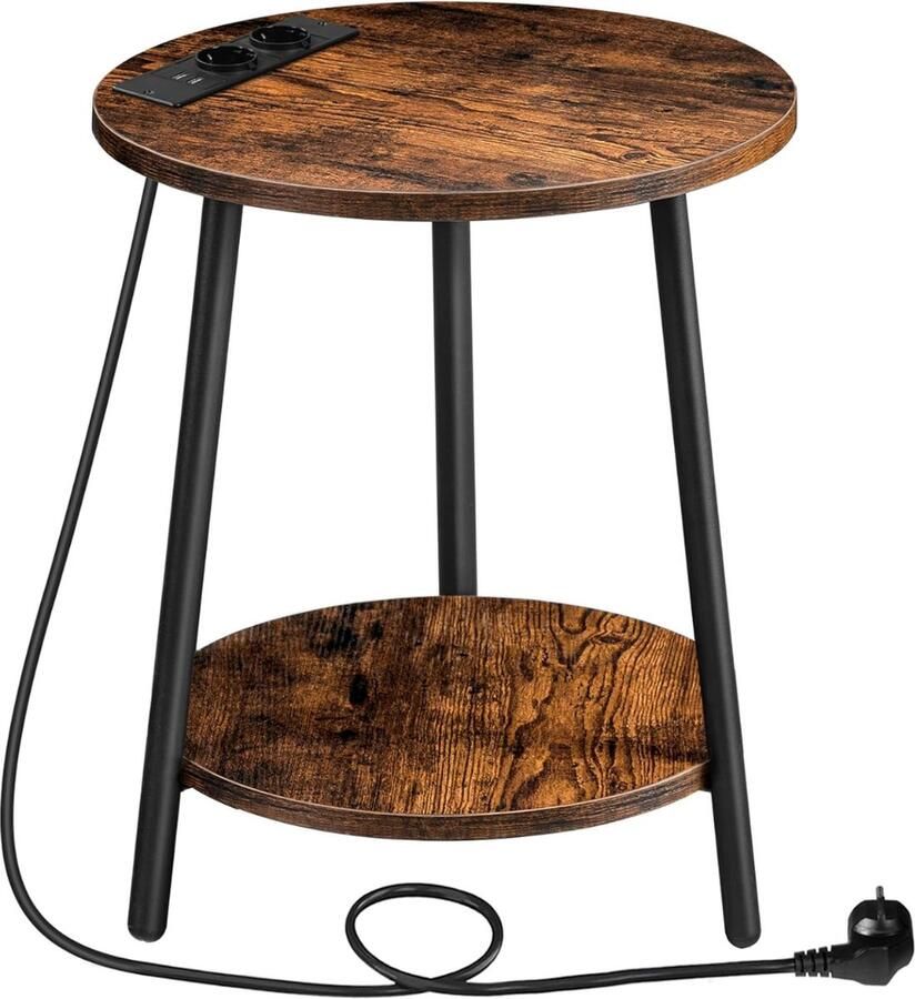 Bijzettafel met laadstation Ronde salontafel 2 niveaus Vintage bruin en zwart