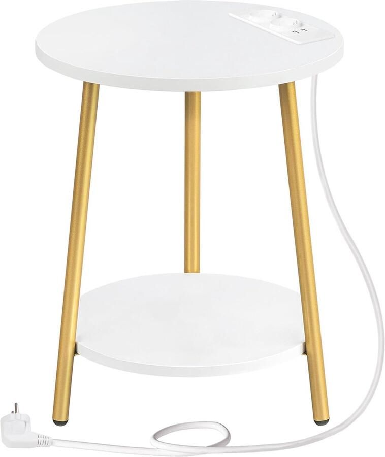 Bijzettafel met laadstation ronde salontafel met 2 niveaus woonkamertafel nachtkastje voor kleine ruimtes banktafel voor woonkamer slaapkamer wit en goud