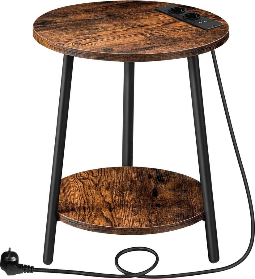 Bijzettafel met laadstation ronde salontafel met 2 niveaus woonkamertafel nachtkastje voor kleine ruimtes banktafel voor woonkamer slaapkamer vintage bruin en zwart EBF67CBZ01