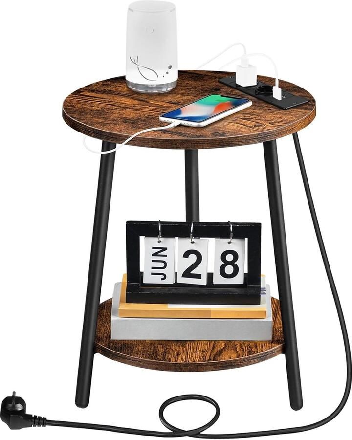 Allecto plus Bijzettafel met laadstation en 2 niveaus in vintage bruin en zwart