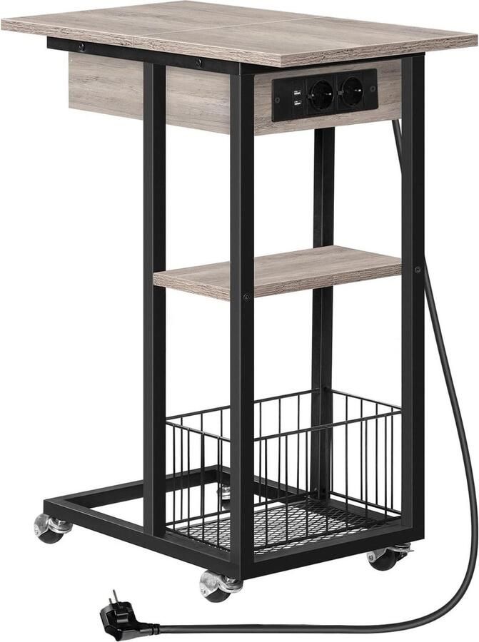 Bijzettafel met laadstation voor woonkamer en slaapkamer flip C-vorm banktafel salontafel met wielen en legplank nachtkastje greige-zwart EBG022SF01