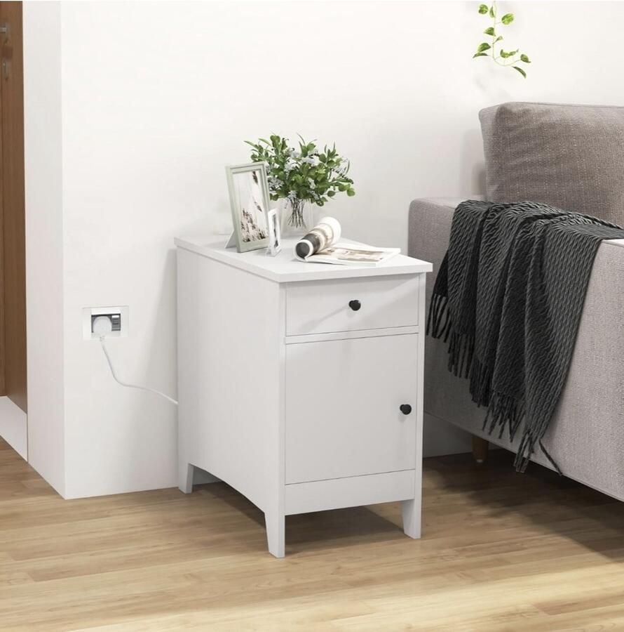 Bijzettafel met lade en deur 60 x 35 x 60 cm nachtkastje met opbergruimte bijzettafel met stopcontacten en aansluitingen bijzettafel voor slaapkamer woonkamer (wit)