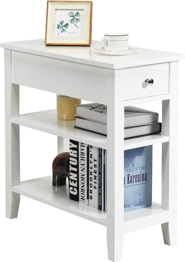 Bijzettafel met lade en plank 3 verdiepingen tellende houten banktafel smal nachtkastje koffietafel voor woonkamer slaapkamer 60 x 28 5 x 61 cm (wit)