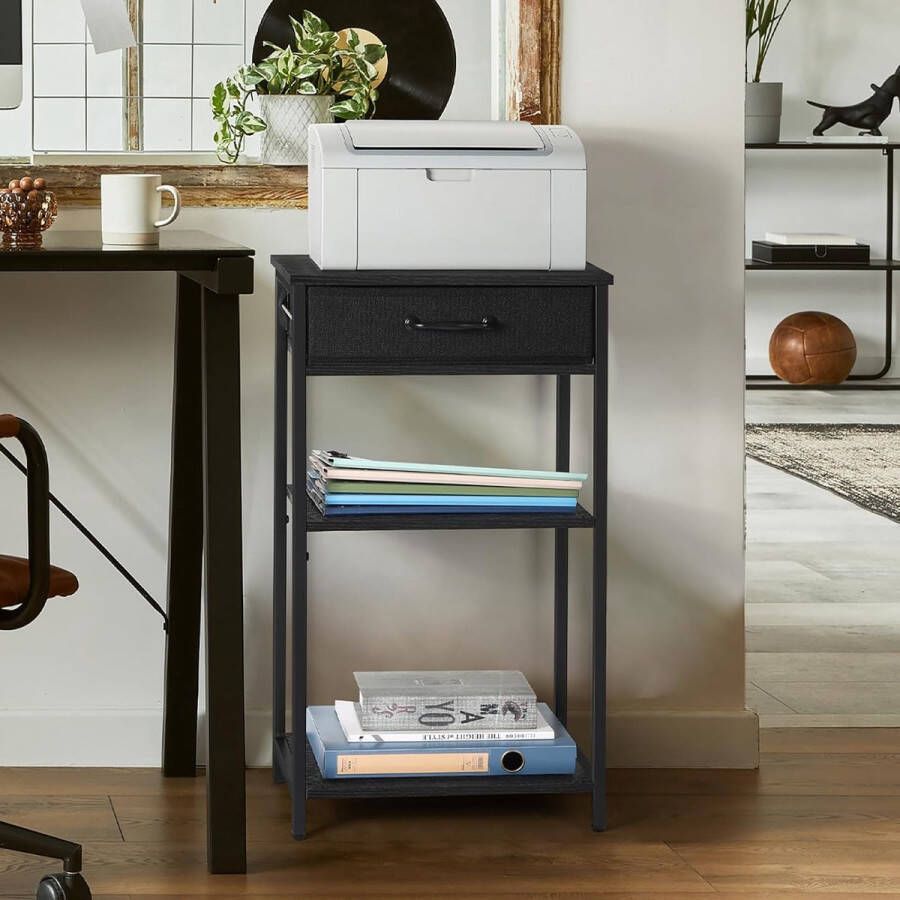 Bijzettafel met lade printtafel telefoontafel voor thuis 3-traps nachtkastje met houten planken voor kleine ruimtes modern zwart houten rek en metalen frame 40 x 30 x 70 cm