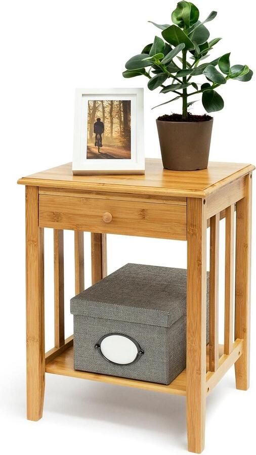 Bijzettafel met lade van robuust hout Afmetingen: 515x405x305 cm Natuurlijk bamboe nachtkastje