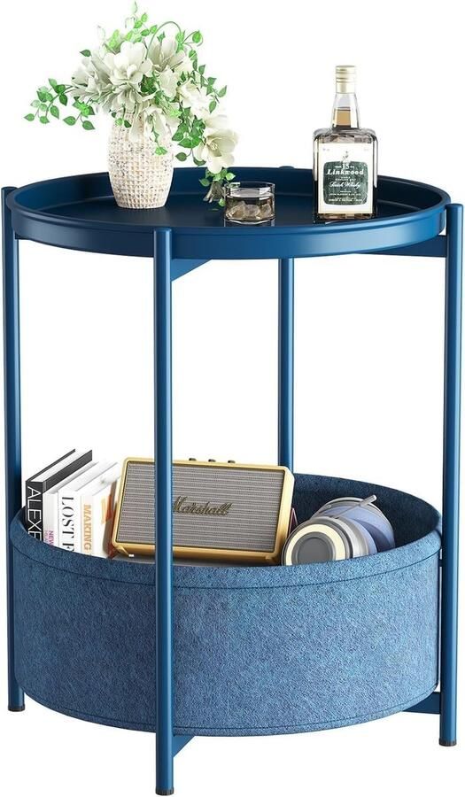 Bijzettafel met Mand Multifunctioneel 1 stuk Ronde Vorm Metaal en Stof
