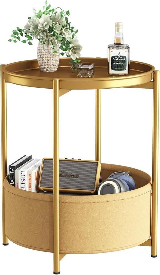 Bijzettafel met Mand Multifunctioneel 1 stuk Ronde Vorm Metaal en Stof