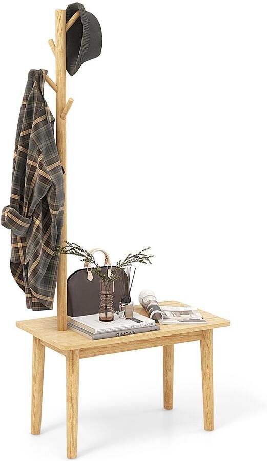 COSTWAY 3-in-1 bijzettafel van massief hout kapstok met schoenenbank en 3 haken vrijstaande kledingstandaard multifunctioneel voor slaapkamer woonkamer hal