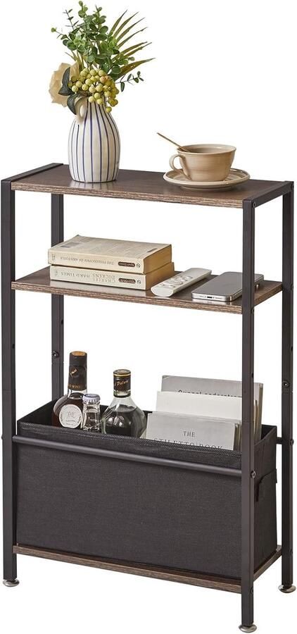 Bijzettafel met opbergruimte – Smal nachtkastje met 3 niveaus en stoffen mand donkergrijs ideaal voor kleine ruimtes