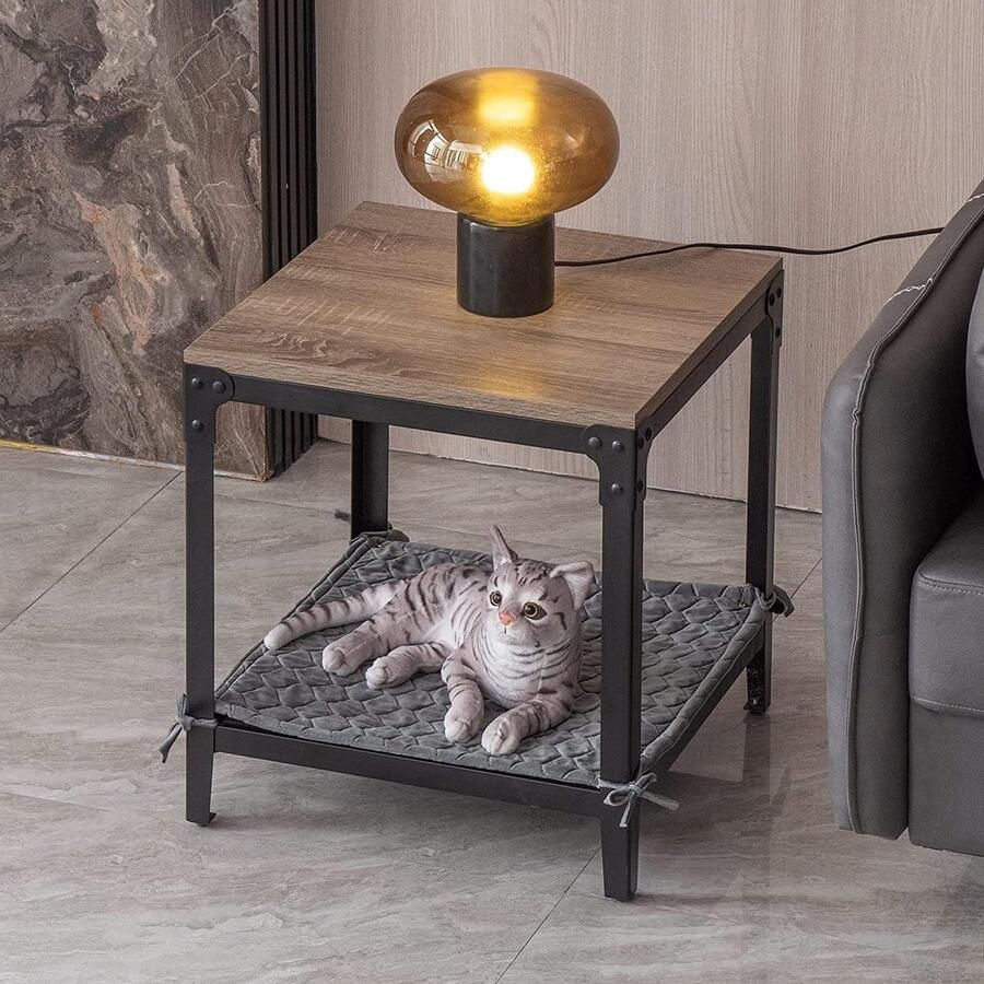 Bijzettafel met Opbergruimte Vintage Hout Zwart Metaal Fluwelen Afdekking